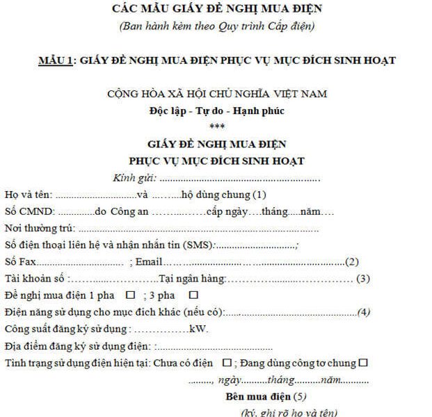 mẫu đơn xin lắp đồng hồ điện